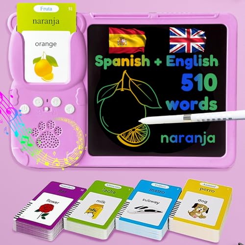 MoLingvora Drawing Tablet with Bilingual Flashcards for Kids Spanish English Talking Flash Cards LCD Writing Pad Board Pocket Speech for Toddlers Learning Toy Gift for Boys Girls Spanish Pink - Image 1