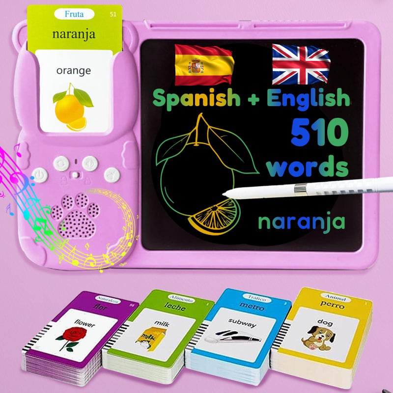MoLingvora Drawing Tablet with Bilingual Flashcards for Kids Spanish English Talking Flash Cards LCD Writing Pad Board Pocket Speech for Toddlers Learning Toy Gift for Boys Girls Spanish Pink - Image 3