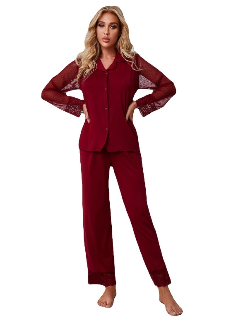 Loquat Women's Solid Color Lace Stitching 2-Piece Set Pajamas Long Sleeve Top And Pants Soft Loungewear Nightgown Suit Leisure Wear Wine Red  - Image 1
