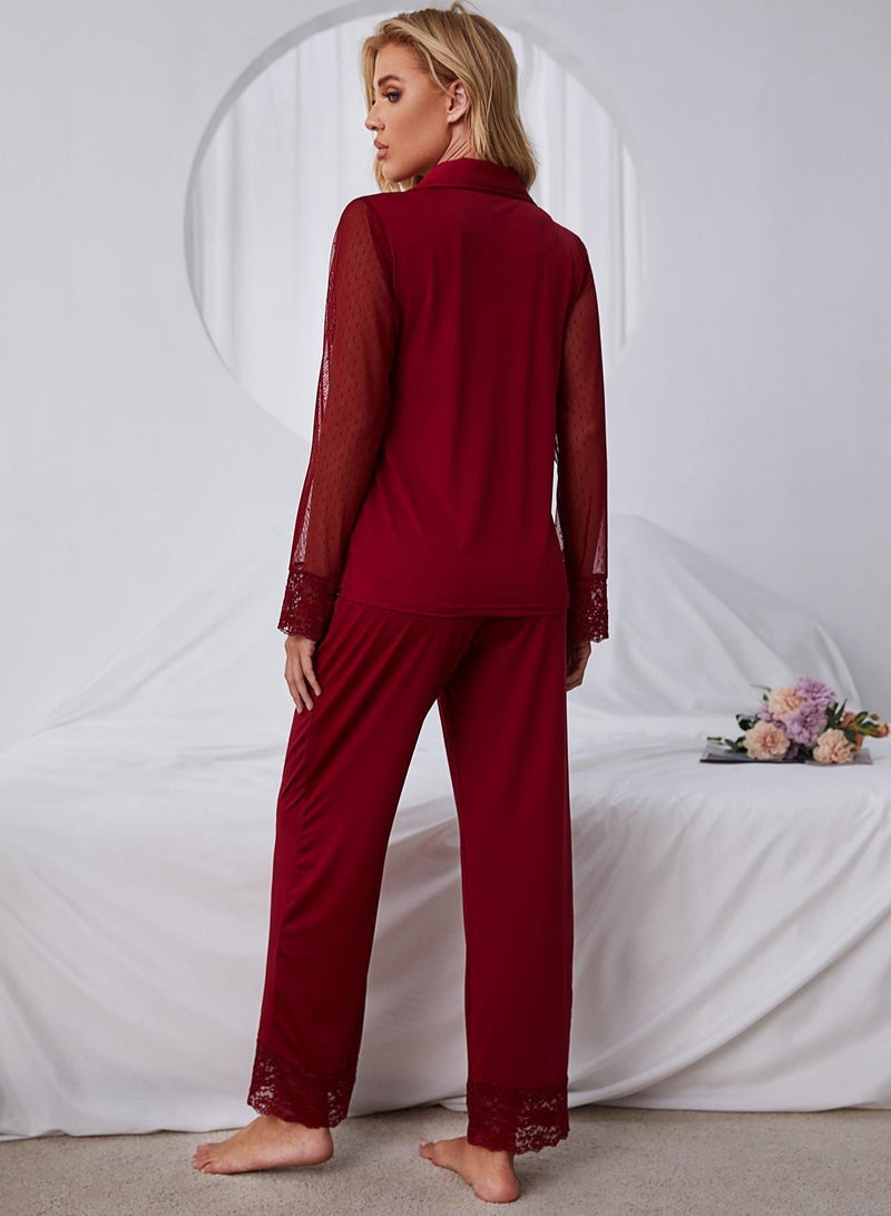 Loquat Women's Solid Color Lace Stitching 2-Piece Set Pajamas Long Sleeve Top And Pants Soft Loungewear Nightgown Suit Leisure Wear Wine Red  - Image 3