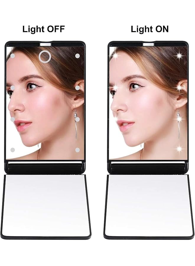 إيروريكس مرآة سفر بإضاءة LED مع تكبير 1X و2X ومرآة مدمجة قابلة للطي ومرآة مكياج محمولة مع 8 مصابيح LED قابلة للتعتيم ومفتاح لمس ومرآة مستحضرات تجميل على سطح الطاولة للسفر باللون الأسود - Image 3