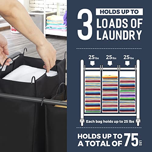 STO STO Laundry Sorter 3 Section, 3 Bag Clothes Hamper, Rolling Laundry Cart Basket with Heavy Duty Lockable Wheels and Removable Bag for Laundry Room, Bedroom, Closet, Black - Image 4