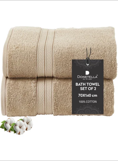 Donetella Premium 100 % Combed Cotton 2-Pcs Bath Towel Set (70 X 140 CM) 600 GSM Large Towel, Highly Absorbent, Quick Dry,Best Towel for Bathroom, Spa And Hotel,Beige