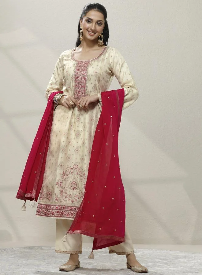 Libas Printed Silk Blend Straight Kurta, Trousers And Dupatta Set