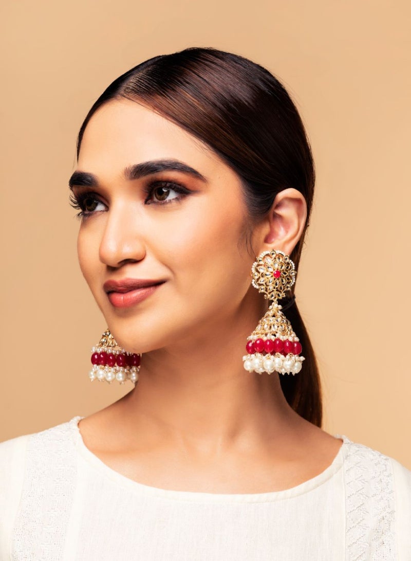 برياسي جواهر أذن جومكي مرصعة بالكundan والخرز يدوية الصنع باللونين الأحمر والأبيض - Image 1