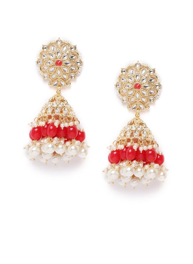 Priyaasi Red  White Handcrafted Kundan-Studded  Beaded Dome Shaped Jhumkas