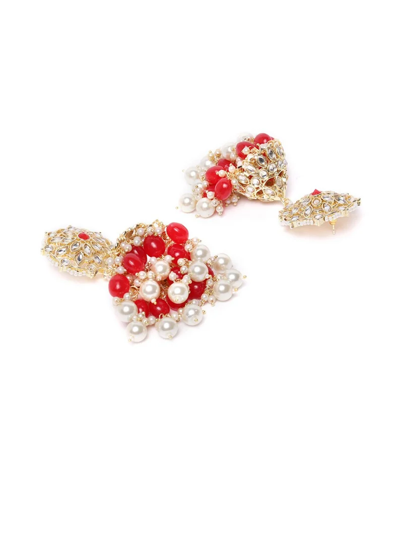 Priyaasi Red  White Handcrafted Kundan-Studded  Beaded Dome Shaped Jhumkas