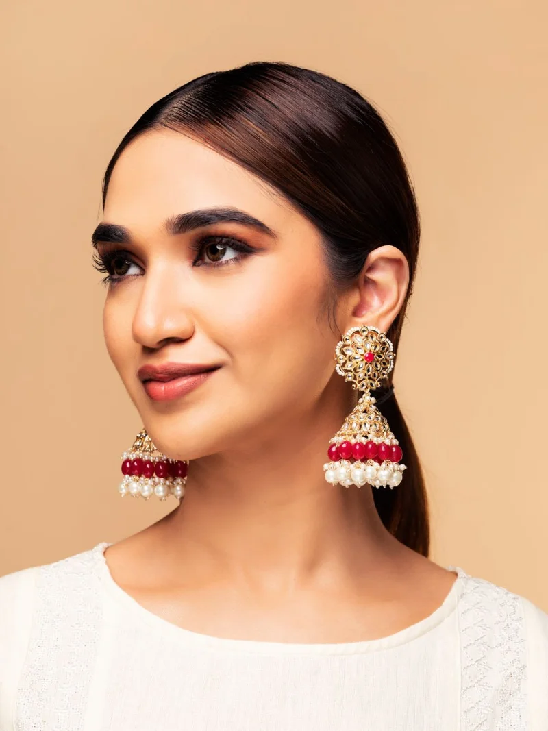 Priyaasi Red  White Handcrafted Kundan-Studded  Beaded Dome Shaped Jhumkas