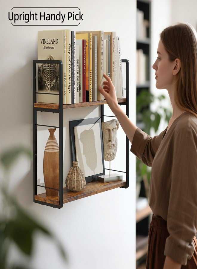 ART-GIFTREE رف كتب جداري من طبقتين لتخزين الكتب، رفوف كتب معلقة على الحائط، موفر للمساحة، رف كتب معلق على دعامة مقاس 16 بوصة، رف بجانب السرير لغرفة المعيشة أو غرفة النوم أو المكتب، عبوتان - بني داكن - Image 3