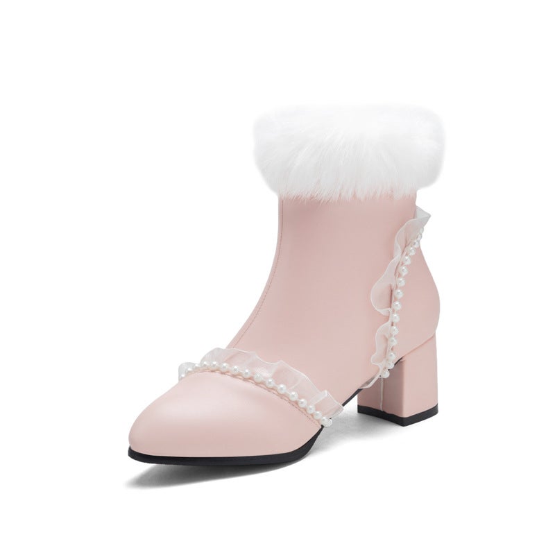 Style High Heel Lace Pearl Edge Plus Size 32-48 Side Zipper Mao Mao Low Boots For Women - Image 1