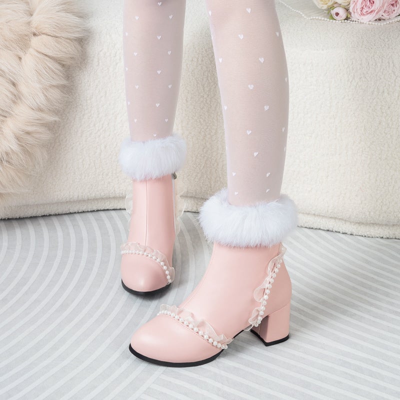 Style High Heel Lace Pearl Edge Plus Size 32-48 Side Zipper Mao Mao Low Boots For Women - Image 2