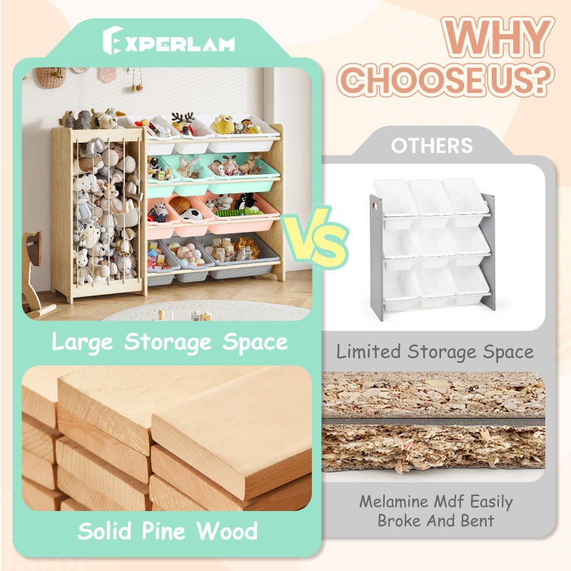 EXPERLAM Kids Toy Storage Organizer, 2-in-1 Stuffed Animal Storage & Toy Organizer w/12 Bins, Solid Wood Toy Rack Featuring Thicker Elastic Ropes to Hold Toys, Playroom Nursery Bedroom Storage, Multi - Image 5