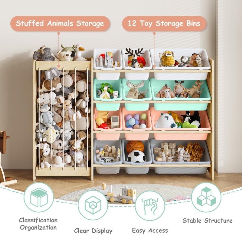 EXPERLAM Kids Toy Storage Organizer, 2-in-1 Stuffed Animal Storage & Toy Organizer w/12 Bins, Solid Wood Toy Rack Featuring Thicker Elastic Ropes to Hold Toys, Playroom Nursery Bedroom Storage, Multi - Image 4