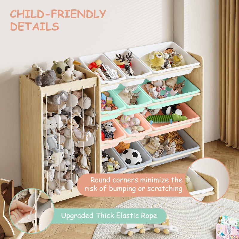 EXPERLAM Kids Toy Storage Organizer, 2-in-1 Stuffed Animal Storage & Toy Organizer w/12 Bins, Solid Wood Toy Rack Featuring Thicker Elastic Ropes to Hold Toys, Playroom Nursery Bedroom Storage, Multi - Image 3