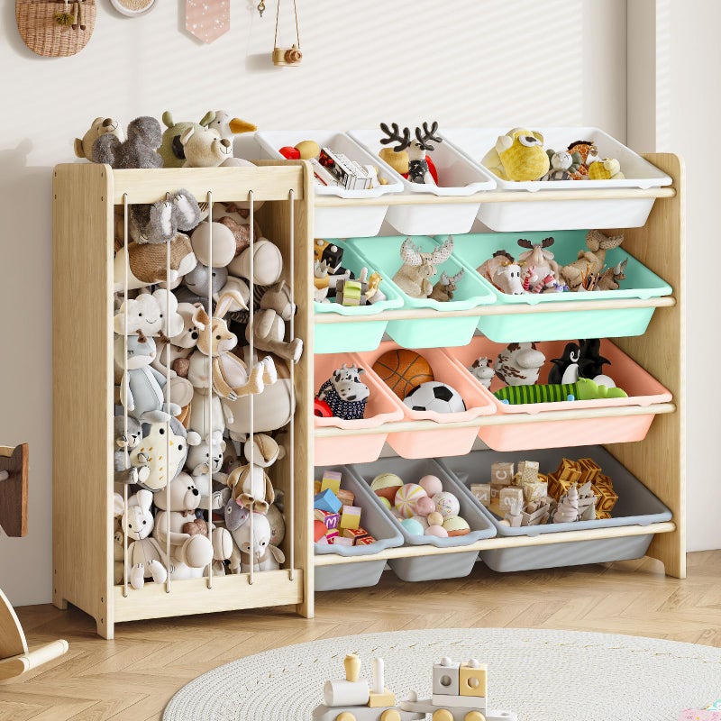 EXPERLAM Kids Toy Storage Organizer, 2-in-1 Stuffed Animal Storage & Toy Organizer w/12 Bins, Solid Wood Toy Rack Featuring Thicker Elastic Ropes to Hold Toys, Playroom Nursery Bedroom Storage, Multi - Image 1