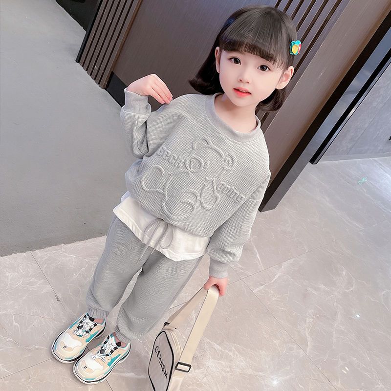 Childrens Clothing Girls Autumn Clothing Childrens suit Long-sleeved Sweatshirt Casual Pants Baby Girls Sportswear Two-piece Set Gray (suit) 