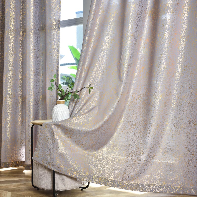 TERLYTEX TERLYTEX Grey Gold Curtains 84 Inches Long for Living Room  Metallic Gold Foil Spray Spots Shimmer Window Curtains  Grommet Privacy Semi-Sheer Curtains  52 x 84 Inch  2 Panels  Gold Grey - Image 1