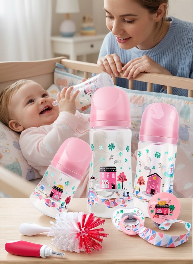 Soft Touch 6 Pcs Baby Feeding Bottle Set, Newborn Gift Set with 3 Feeding Bottles(150/240/330 ml), Bottle Cleaning Brush Pacifier Clip and Pacifier, BPA Free, Baby Bottle Starter Kit for 0+ months Baby (Pink) - Image 2