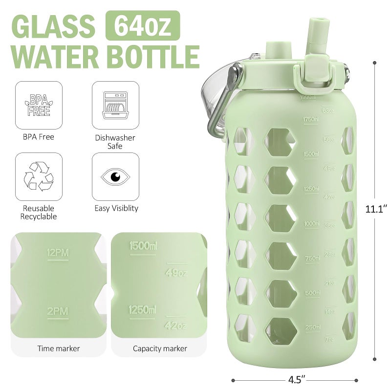 MUKOKO 64oz Glass Water Bottles with Straw and Lid,Half Gallon Water Bottle with Time Marker,Large Glass Water Jug with Silicone Sleeve and Stainless Steel Handle-Green - Image 3