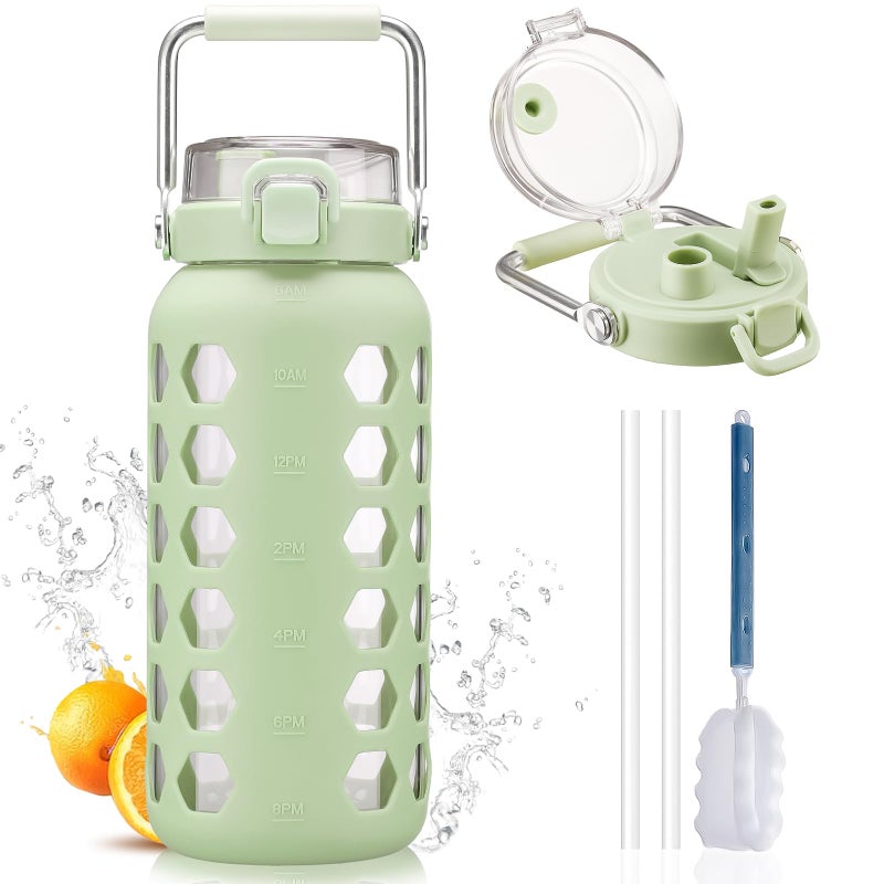 MUKOKO 64oz Glass Water Bottles with Straw and Lid,Half Gallon Water Bottle with Time Marker,Large Glass Water Jug with Silicone Sleeve and Stainless Steel Handle-Green - Image 1