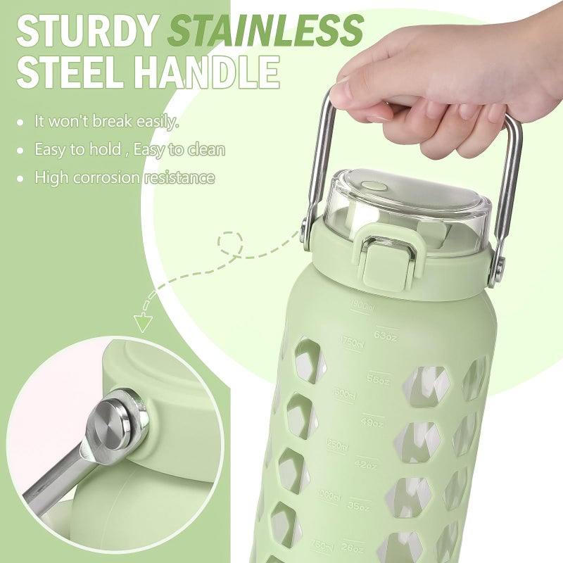 MUKOKO 64oz Glass Water Bottles with Straw and Lid,Half Gallon Water Bottle with Time Marker,Large Glass Water Jug with Silicone Sleeve and Stainless Steel Handle-Green - Image 2