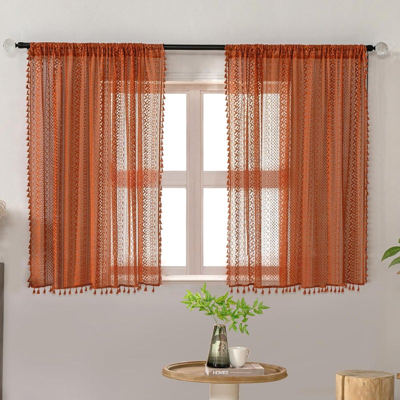 WAZZIO Burnt Orange Curtains Sheer 45 Inch Length Bedroom Short Small Cafe Rod Pocket Vintage Fall Privacy Let Light in Cotton Lace Boho 2 Panel, Terracotta - Image 2