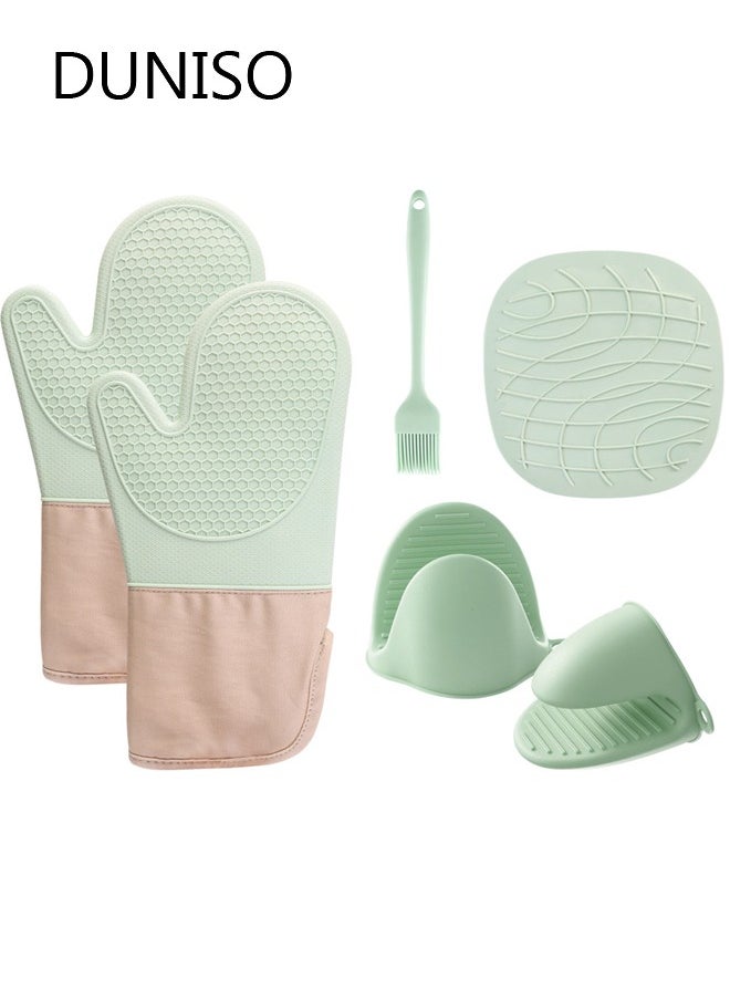 DUNISO Extra Long Silicone Oven Mitts and Pot Holders Set, Heat Resistant Mittens with Mini Gloves Hot Pads and Oil Brush , for Kitchen Baking Cooking  - Image 1