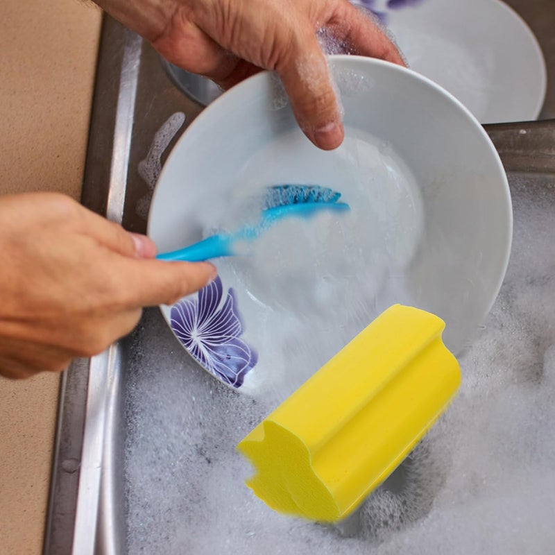 3pcs High-Density Kitchen Cleaning Sponge Set Handle, Multi-Function Absorbent Scrub Pads for Dishwashing and Car Cleaning, Gray and Yellow Sturdy Utility Sponges - Image 4