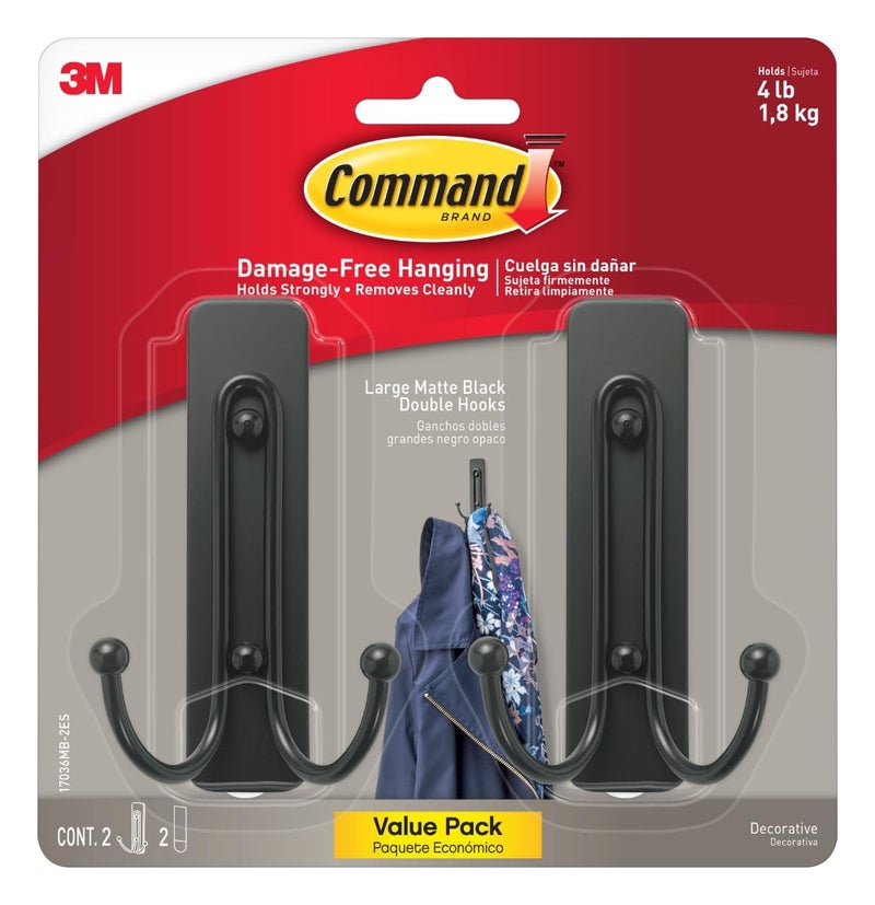 Command Large Matte Black Double Hooks, 2 Hooks and 2 Command Strips, Damage Free Hanging Wall Hooks with Adhesive Strips, No Tools Coat Hooks for Hanging Home Decor, Holds up to 4 lb - Image 1