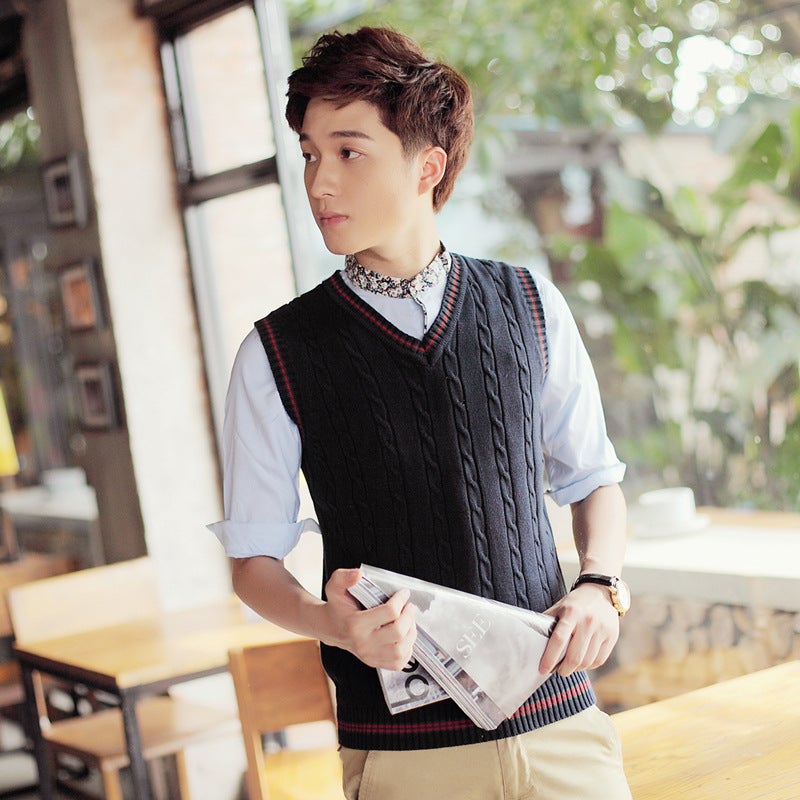 Mens Wool Vest Mens Knitted Vest Slim-fit Youth Sleeveless Sweater V-neck Thin Korean Mens Waistcoat Fashionable Light gray - Image 4