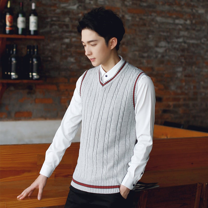 Mens Wool Vest Mens Knitted Vest Slim-fit Youth Sleeveless Sweater V-neck Thin Korean Mens Waistcoat Fashionable Light gray - Image 5