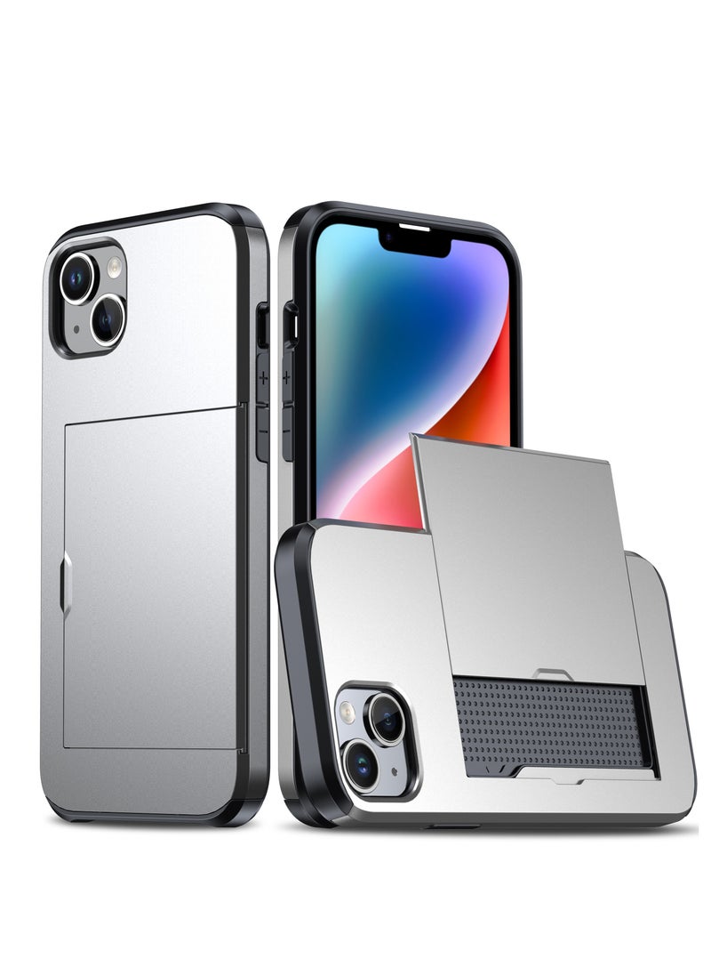 GULFLINK iPhone 15 Case with Card Holder Heavy Duty Protective Dual Layer Shockproof Hidden Card Slot Wallet Case Silver  - Image 1