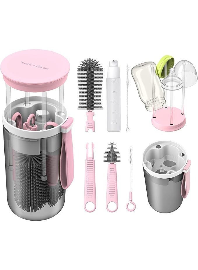 Baby Travel Essential Bottle Cleaner Kit Silicone Bottle Brush Built-in Snap-on Drying Rack Silicone Nipple Brush 2 Straw Brushes Soap Dispenser Bottle Warmer Bowl - Image 1