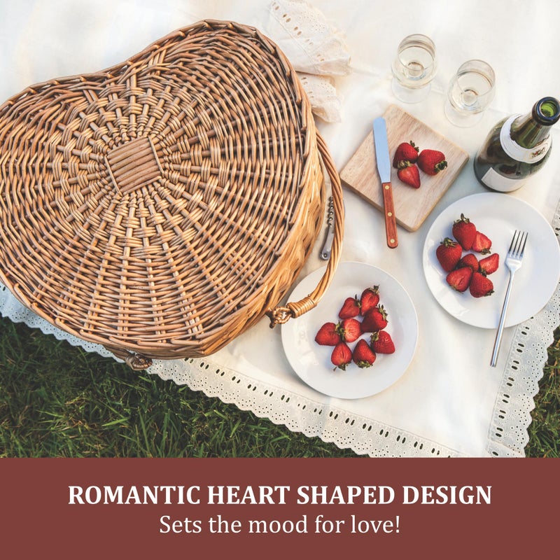 PICNIC TIME Heart Picnic Basket for 2, Wicker Basket with Handle, Complete Deluxe Service for Two, Handwoven and Sturdy Willow Constructed with Fully-lined interior and Accessories, (Antique White) - Image 2