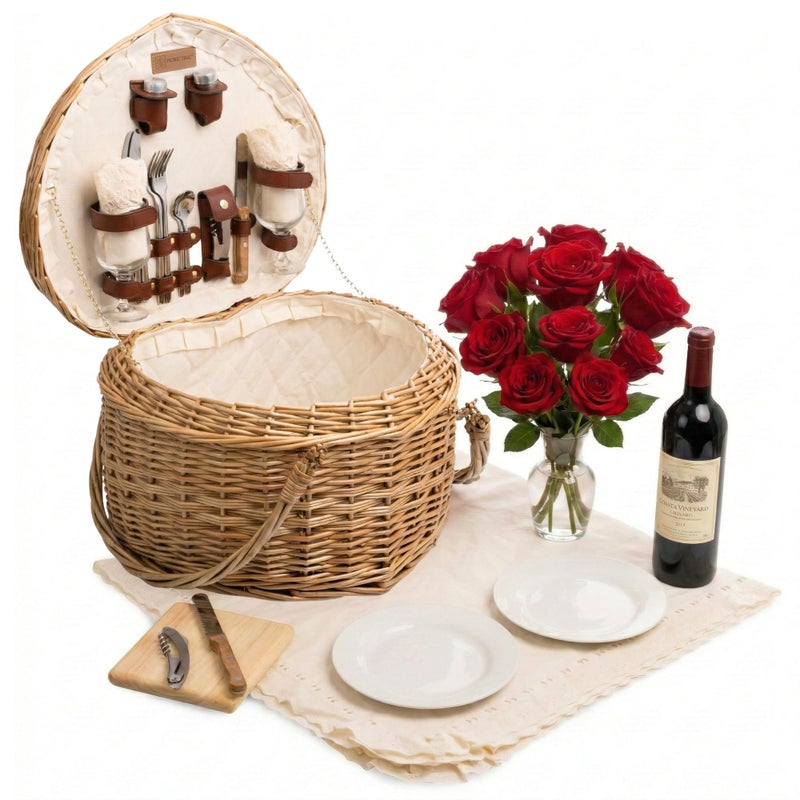 PICNIC TIME Heart Picnic Basket for 2, Wicker Basket with Handle, Complete Deluxe Service for Two, Handwoven and Sturdy Willow Constructed with Fully-lined interior and Accessories, (Antique White) - Image 1