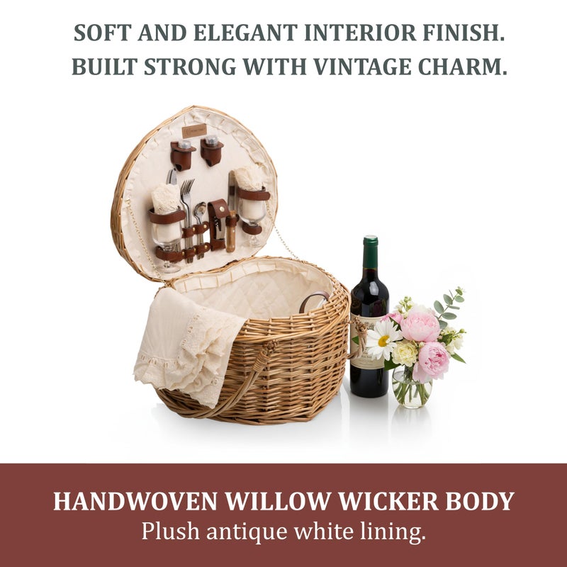 PICNIC TIME Heart Picnic Basket for 2, Wicker Basket with Handle, Complete Deluxe Service for Two, Handwoven and Sturdy Willow Constructed with Fully-lined interior and Accessories, (Antique White) - Image 5