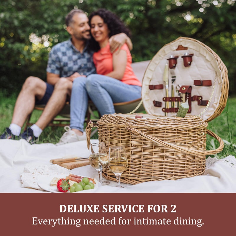 PICNIC TIME Heart Picnic Basket for 2, Wicker Basket with Handle, Complete Deluxe Service for Two, Handwoven and Sturdy Willow Constructed with Fully-lined interior and Accessories, (Antique White) - Image 3