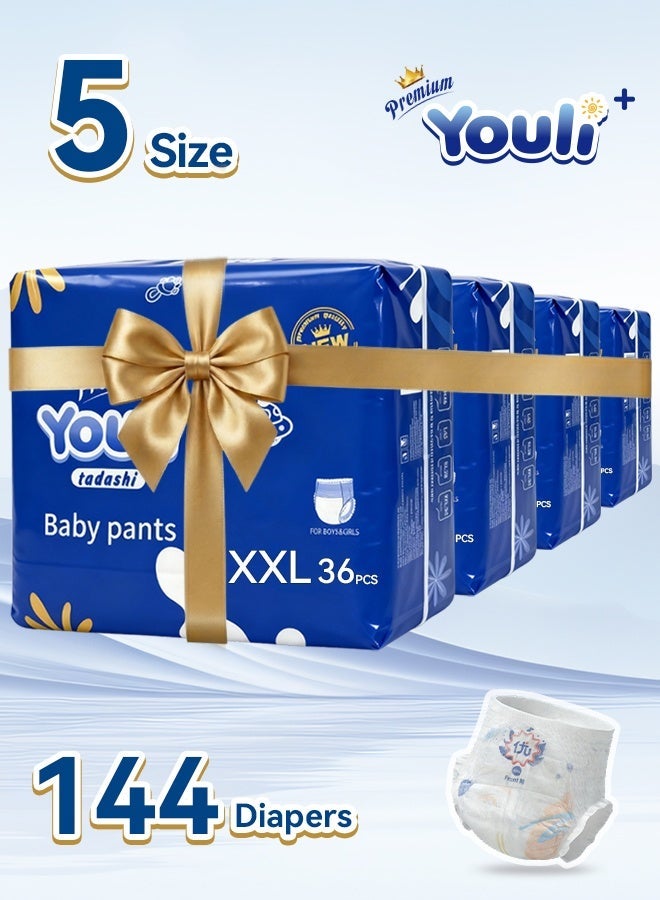 Youli Baby Diapers,Pants Diapers Size 5,12-17 Kg, 360° Leak-Free Fit For Up To 100% Leakage Protection, Ultimate Comfort Rash Protection Mega Pack 144 Diapers
