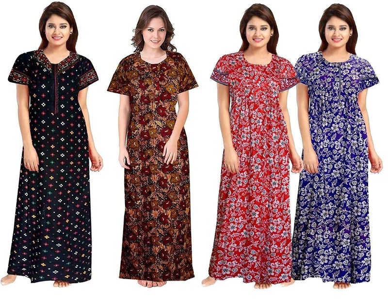 NEGLIGEE Women's Cotton Printed Maxi Nightgown Nighty for Women Ankle Length Night Dress - Pack of 4 (Free Size, Multicolor, Option 02) - Image 1