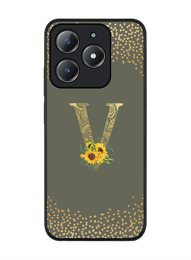 Stylizedd For Realme C63 / Realme C61 4G Case,Slim fit Camera Protection, Shockproof Thin Phone cover  - Custom Floral Monogram - V  (Olive Green ) - Image 1