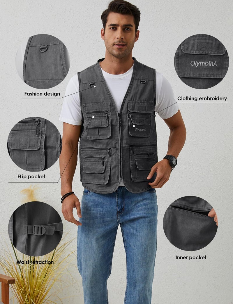 Gihuo Men's Fishing Vest Casual Utility Travel Safari Cargo Outdoor Work Photo Fly Vest Jacket with Multi Pockets (L, Grey) - Image 5