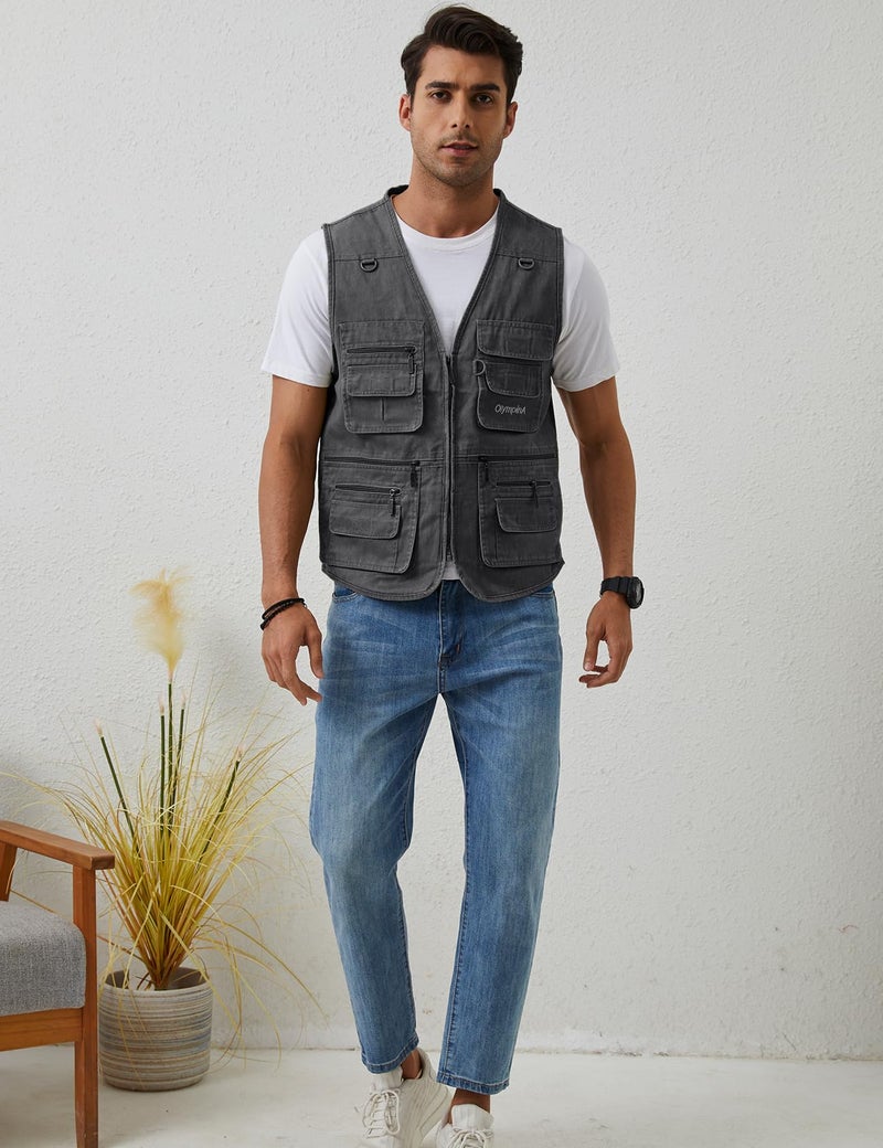 Gihuo Men's Fishing Vest Casual Utility Travel Safari Cargo Outdoor Work Photo Fly Vest Jacket with Multi Pockets (L, Grey) - Image 2