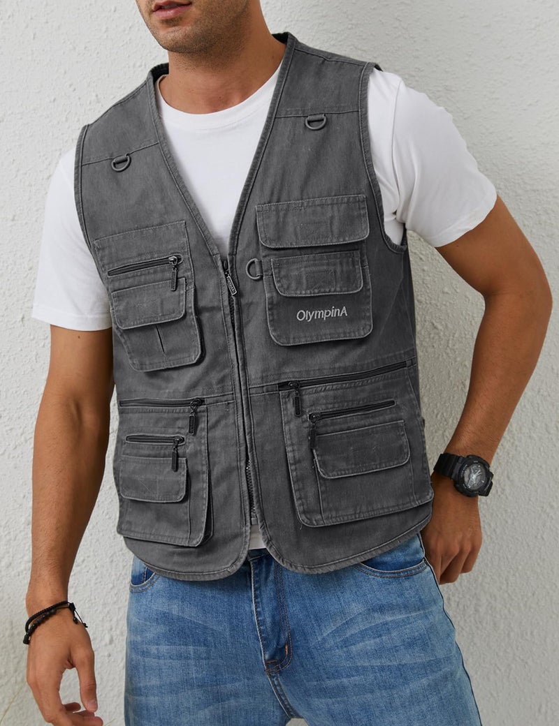 Gihuo Men's Fishing Vest Casual Utility Travel Safari Cargo Outdoor Work Photo Fly Vest Jacket with Multi Pockets (L, Grey) - Image 3