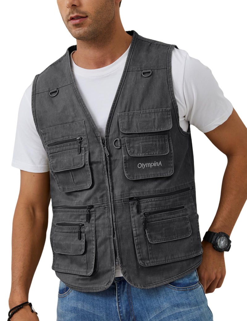 Gihuo Men's Fishing Vest Casual Utility Travel Safari Cargo Outdoor Work Photo Fly Vest Jacket with Multi Pockets (L, Grey) - Image 1