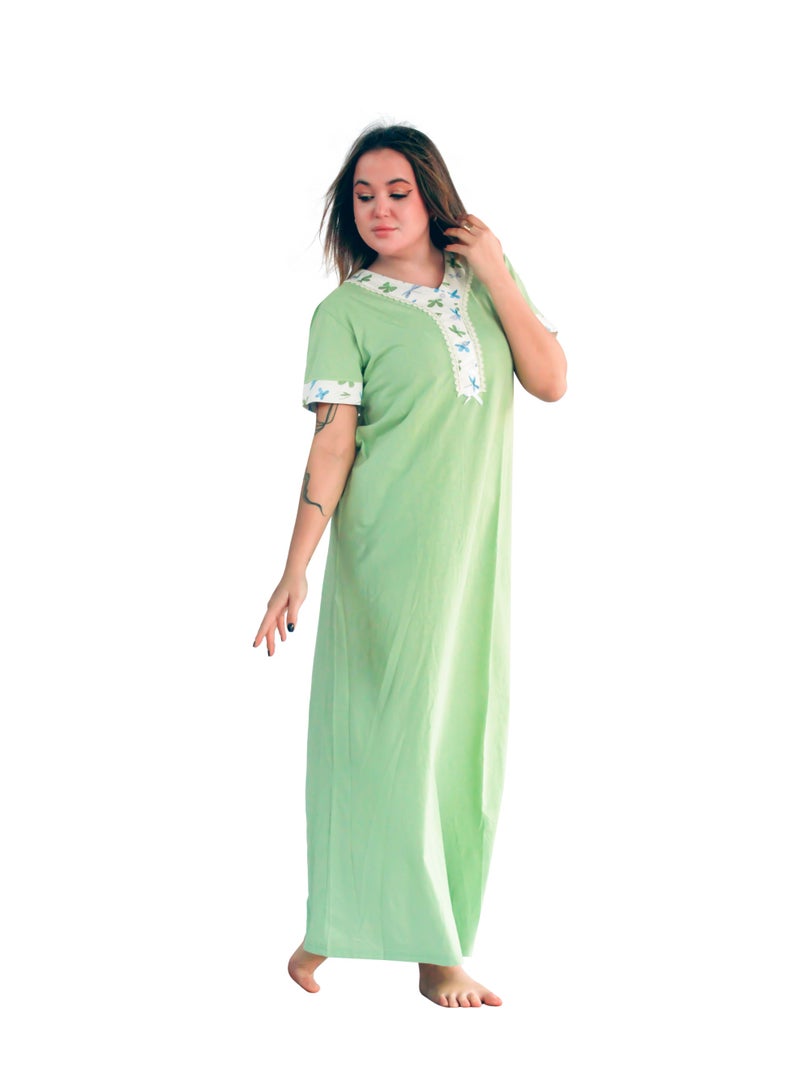 Dadoush Dadosh Women's Long Nightgown, Rose Green Color, V Neck with Embroidery, Petit Abaya for Women Maxi Dress - Image 1