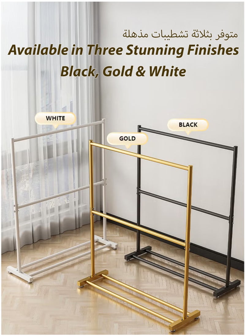 Double Rod Clothing Rack Heavy Duty Dual Layer Clothes Drying Stand Garment Organizer Open Armoire with 2 Tier Hanger Rails and Bottom Storage Shelf, Strong 25mm Steel Pipes, 60kg Load Large Capacity Featuring Two Horizontal Bars for Hanging Clothes, Laundry Room, Balcony, Bedroom Sheets, Quilts, Blanket, Coats, Skirts, Shirts, Hats, Sweaters Holder 100cm