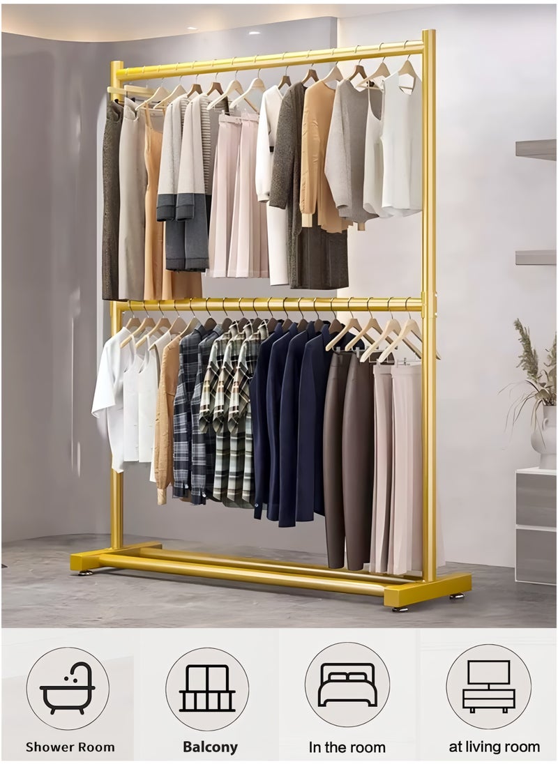Double Rod Clothing Rack Heavy Duty Dual Layer Clothes Drying Stand Garment Organizer Open Armoire with 2 Tier Hanger Rails and Bottom Storage Shelf, Strong 25mm Steel Pipes, 60kg Load Large Capacity Featuring Two Horizontal Bars for Hanging Clothes, Laundry Room, Balcony, Bedroom Sheets, Quilts, Blanket, Coats, Skirts, Shirts, Hats, Sweaters Holder 100cm