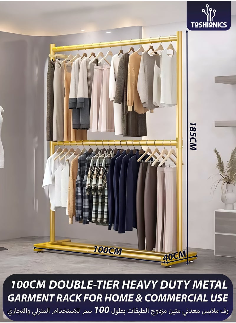 Double Rod Clothing Rack Heavy Duty Dual Layer Clothes Drying Stand Garment Organizer Open Armoire with 2 Tier Hanger Rails and Bottom Storage Shelf, Strong 25mm Steel Pipes, 60kg Load Large Capacity Featuring Two Horizontal Bars for Hanging Clothes, Laundry Room, Balcony, Bedroom Sheets, Quilts, Blanket, Coats, Skirts, Shirts, Hats, Sweaters Holder 100cm