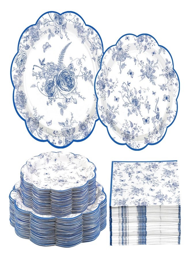 Grencian 200Pcs Blue and White Floral Party Supplies Blue Floral Paper Plates and Napkins Disposable Vintage Flower Scalloped Tableware Set for Something blue Bridal Shower Decoration Wedding Tea Party Serve50 - Image 1