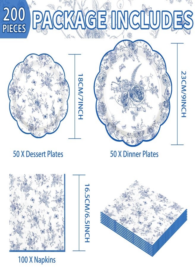Grencian 200Pcs Blue and White Floral Party Supplies Blue Floral Paper Plates and Napkins Disposable Vintage Flower Scalloped Tableware Set for Something blue Bridal Shower Decoration Wedding Tea Party Serve50 - Image 2